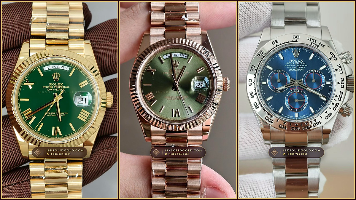 Three solid 18K gold luxury watch cases in yellow gold, Everose pink gold, and warm white gold beside pure gold granules and platinum pellets
