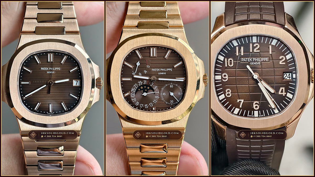 Macro studio portrait of a solid 18K rose gold Patek Philippe Nautilus with brown sunburst dial and sapphire caseback showing the 21K gold rotor