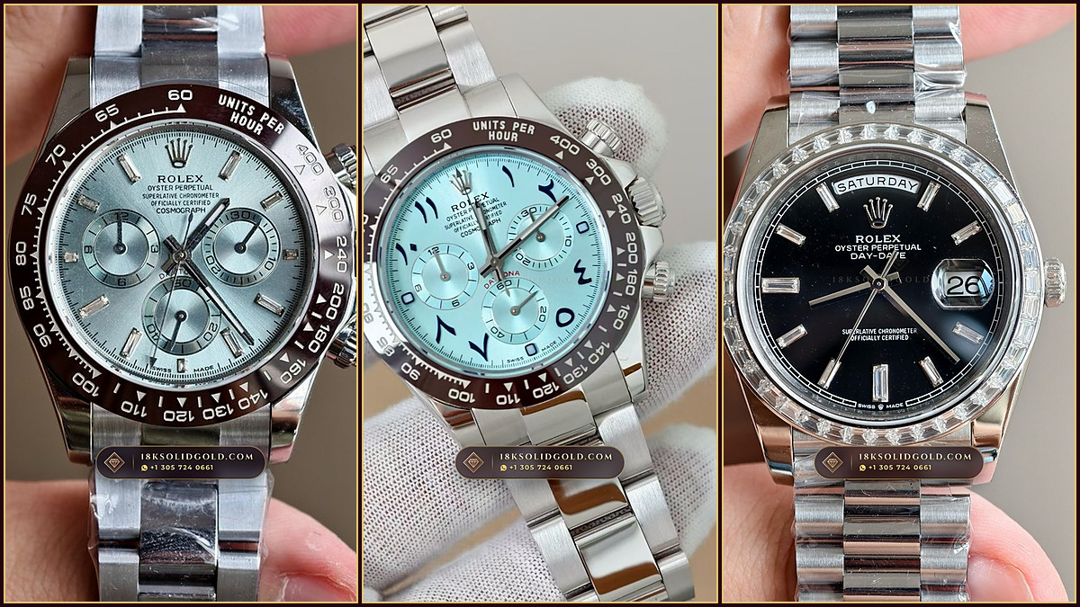 Macro studio portrait of a 950 platinum Rolex Daytona Platona with an ice-blue dial, baguette diamond markers, and chestnut brown ceramic bezel