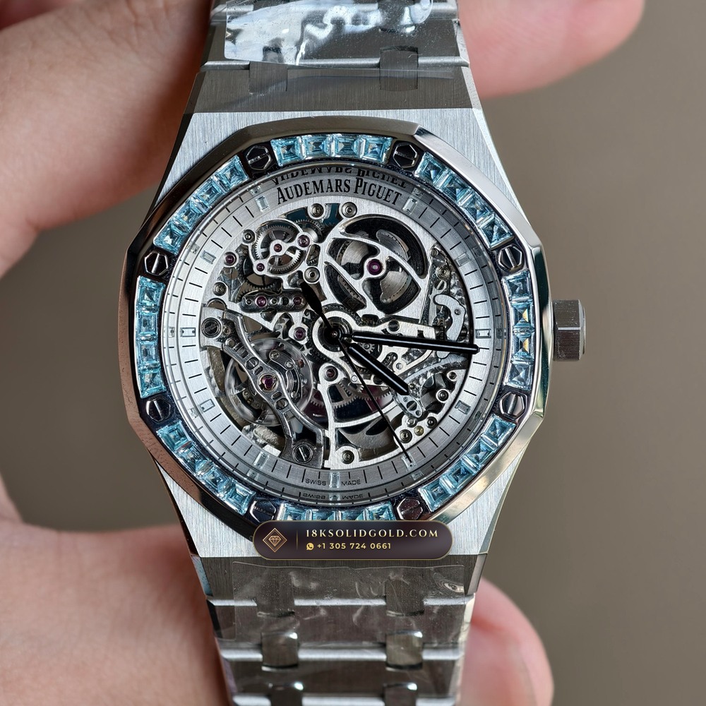 Audemars Piguet Royal Oak Double Balance Wheel Openworked 41mm Baguette Blue Topaz Bezel 18K White Gold Reference 15412BC.TO.1220BC.01 — Hallmarked Edition
