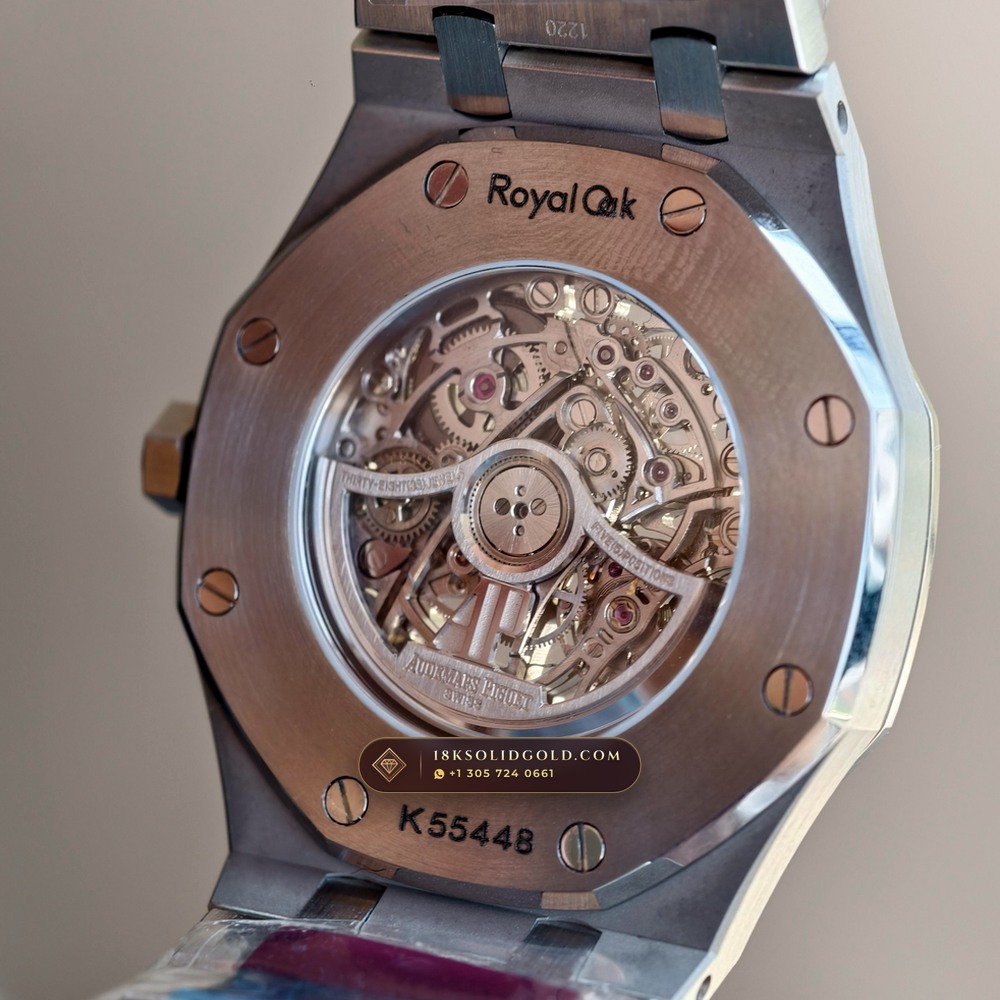 Audemars Piguet Royal Oak Double Balance Wheel Openworked 41mm Baguette Blue Topaz Bezel 18K White Gold Reference 15412BC.TO.1220BC.01 — Hallmarked Edition — Studio Gallery Plate XI in 18K White Gold Au750 (224.8g Verified Mass, Audemars Piguet Cal. 3132 Dual-Balance Openworked)