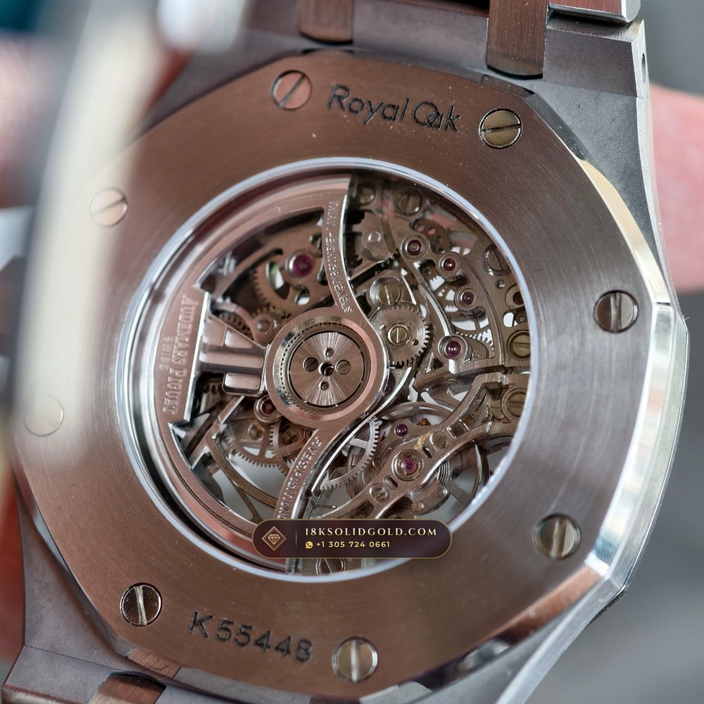 Audemars Piguet Royal Oak Double Balance Wheel Openworked 41mm Baguette Blue Topaz Bezel 18K White Gold Reference 15412BC.TO.1220BC.01 — Hallmarked Edition — Studio Gallery Plate XII in 18K White Gold Au750 (224.8g Verified Mass, Audemars Piguet Cal. 3132 Dual-Balance Openworked)