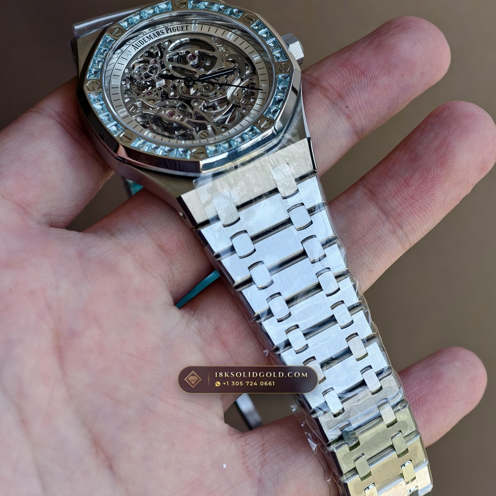 Audemars Piguet Royal Oak Double Balance Wheel Openworked 41mm Baguette Blue Topaz Bezel 18K White Gold Reference 15412BC.TO.1220BC.01 — Hallmarked Edition — Studio Gallery Plate XIV in 18K White Gold Au750 (224.8g Verified Mass, Audemars Piguet Cal. 3132 Dual-Balance Openworked)