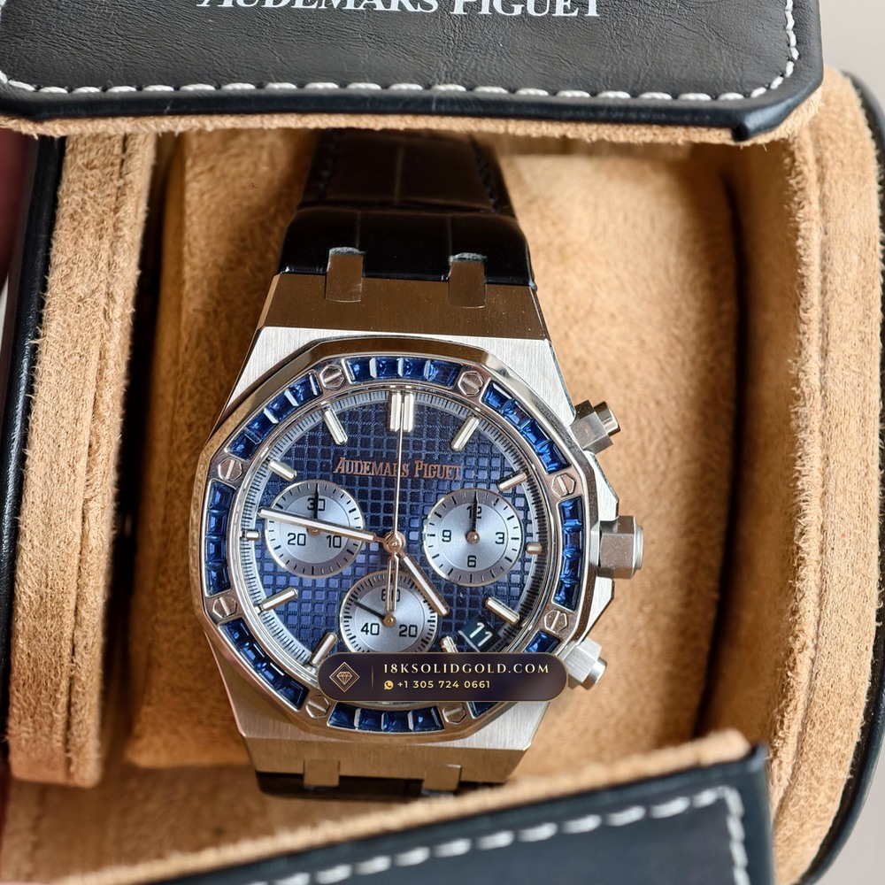 Audemars Piguet Royal Oak Selfwinding Chronograph 41mm Diamond-Set Bezel 18K White Gold Reference 26240BC.SS.1320BC.01 — Hallmarked Edition — Studio Gallery Plate XII in 18K White Gold Au750 (158.7g Verified Mass, Audemars Piguet Cal. 4401 Flyback Chronograph)