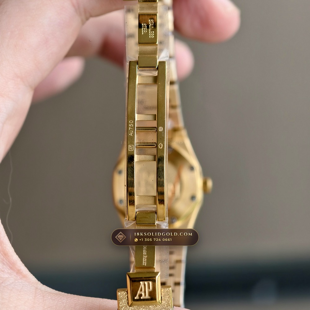 Audemars Piguet Royal Oak Mini Frosted Gold 23mm 18K Yellow Gold Reference 67630BA.GG.1312BA.01 — Hallmarked Edition — Studio Gallery Plate VII in 18K Yellow Gold Au750 (73.1g Verified Mass, Audemars Piguet Cal. 2730)