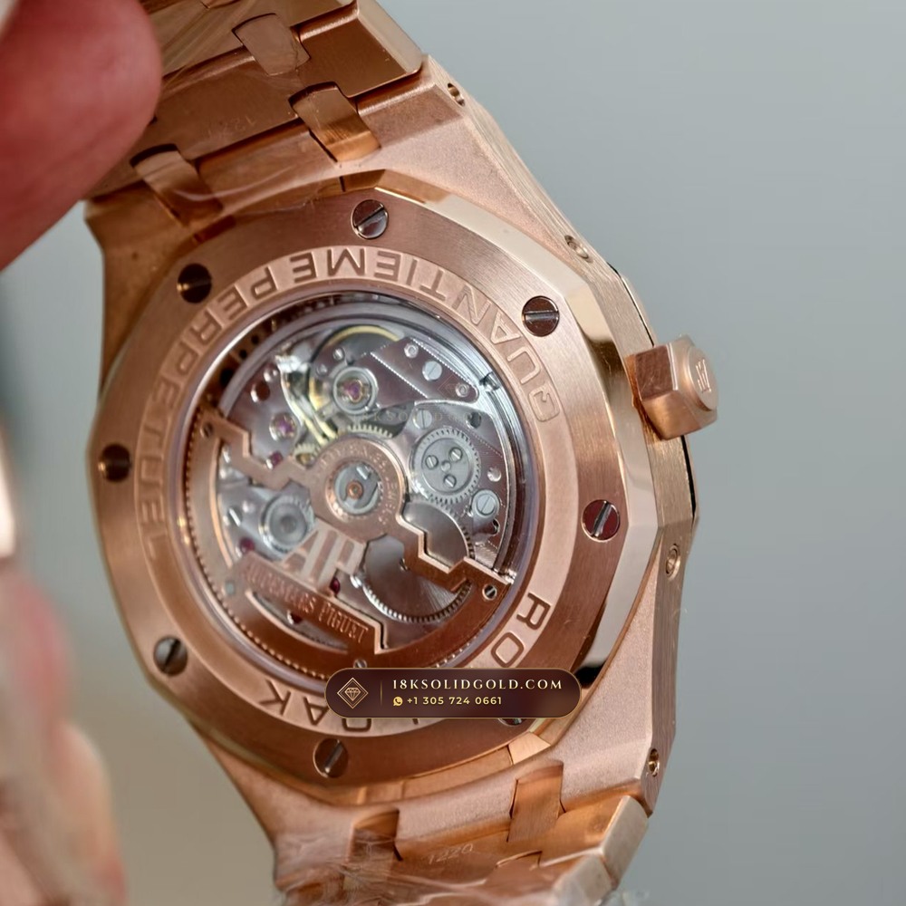 Audemars Piguet Royal Oak Perpetual Calendar Frosted 18K Rose Gold Reference 26574OR.OO.1220OR.01 — Hallmarked Edition — Studio Gallery Plate VII in 18K Rose Gold Au750 (225.2g Verified Mass, Audemars Piguet Cal. 5134 Ultra-Thin Perpetual)