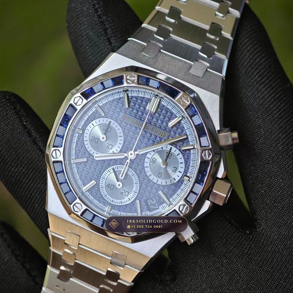 Audemars Piguet Royal Oak Selfwinding Chronograph 41mm Baguette Blue Sapphire Bezel 18K White Gold Reference 26240BC.SS.1320BC.01 — Hallmarked Edition angle 3