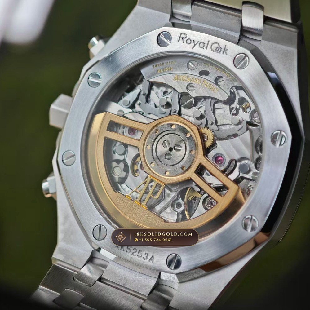 Audemars Piguet Royal Oak Selfwinding Chronograph 41mm Baguette Blue Sapphire Bezel 18K White Gold Reference 26240BC.SS.1320BC.01 — Hallmarked Edition — Studio Gallery Plate VII in 18K White Gold Au750 (245.8g Verified Mass, Audemars Piguet Cal. 4401 Flyback Chronograph)