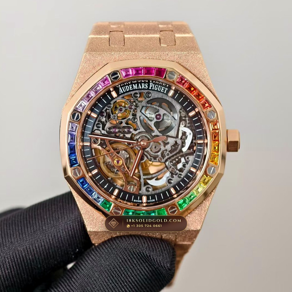 Audemars Piguet Royal Oak Double Balance Wheel Openworked 41mm Rainbow Sapphire Bezel 18K Rose Gold Reference 15412OR.YG.1224OR.01 — Hallmarked Edition