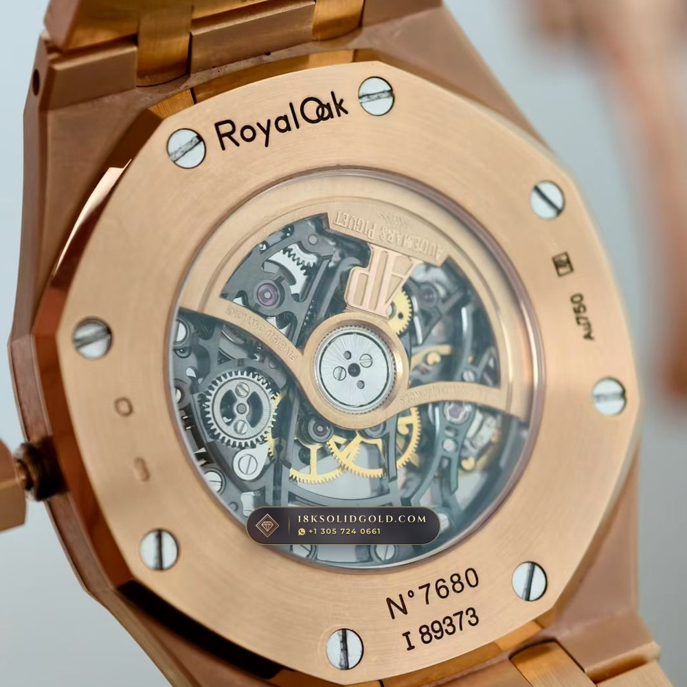 Audemars Piguet Royal Oak Double Balance Wheel Openworked 41mm Rainbow Sapphire Bezel 18K Rose Gold Reference 15412OR.YG.1224OR.01 — Hallmarked Edition — Studio Gallery Plate VIII in 18K Rose Gold Au750 (224.4g Verified Mass, Audemars Piguet Cal. 3132 Dual-Balance Openworked)