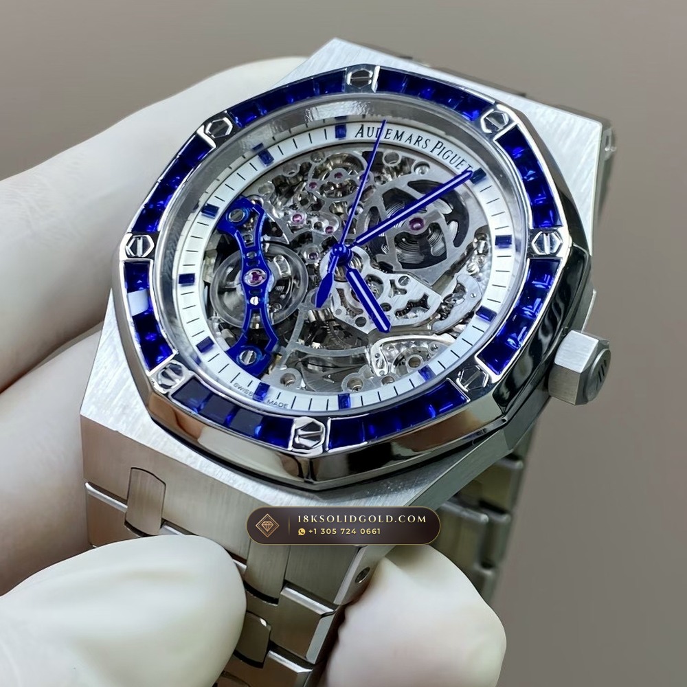 Audemars Piguet Royal Oak Double Balance Wheel Openworked 41mm Baguette Sapphire Bezel 18K White Gold Reference 15412BC.SS.1220BC.02 — Hallmarked Edition angle 3