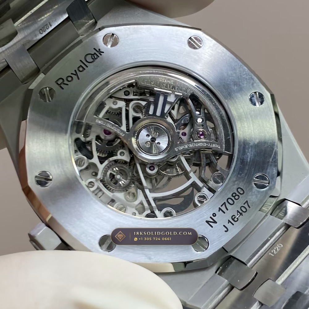 Audemars Piguet Royal Oak Double Balance Wheel Openworked 41mm Baguette Sapphire Bezel 18K White Gold Reference 15412BC.SS.1220BC.02 — Hallmarked Edition — Studio Gallery Plate VIII in 18K White Gold Au750 (224.8g Verified Mass, Audemars Piguet Cal. 3132 Dual-Balance Openworked)