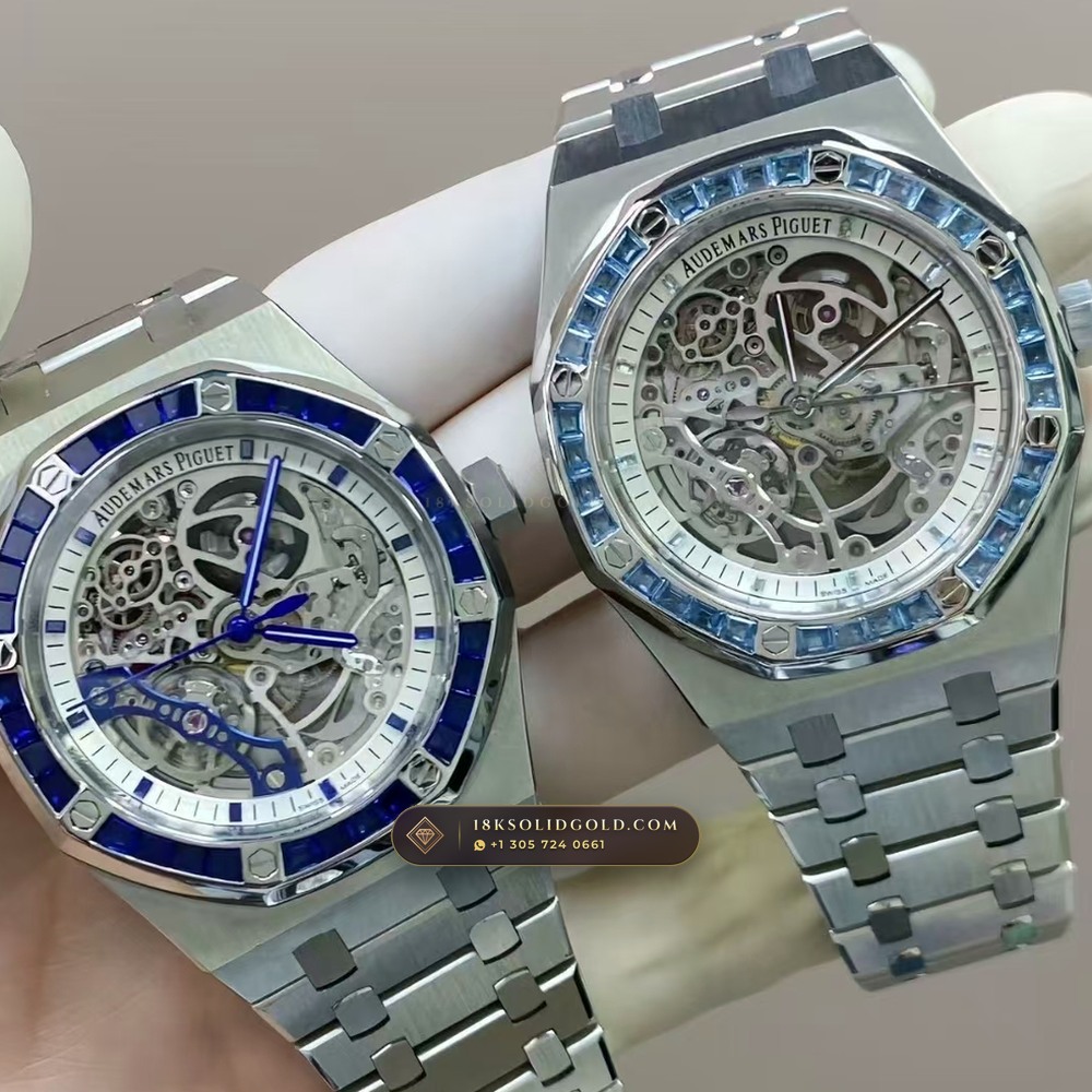 Audemars Piguet Royal Oak Double Balance Wheel Openworked 41mm Baguette Sapphire Bezel 18K White Gold Reference 15412BC.SS.1220BC.02 — Hallmarked Edition — Studio Gallery Plate IX in 18K White Gold Au750 (224.8g Verified Mass, Audemars Piguet Cal. 3132 Dual-Balance Openworked)