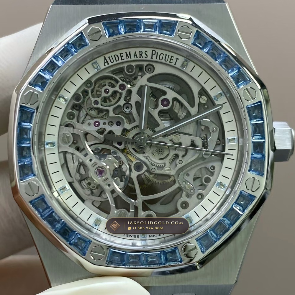 Audemars Piguet Royal Oak Double Balance Wheel Openworked 41mm Baguette Blue Topaz Bezel 18K White Gold Free-Sprung Calibre Reference 15412BC.TO.1220BC.01 — Hallmarked Edition