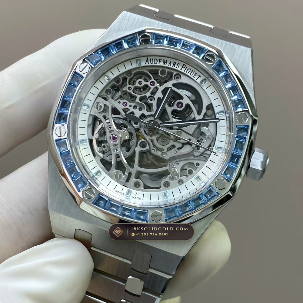 Audemars Piguet Royal Oak Double Balance Wheel Openworked 41mm Baguette Blue Topaz Bezel 18K White Gold Free-Sprung Calibre Reference 15412BC.TO.1220BC.01 — Hallmarked Edition angle 2