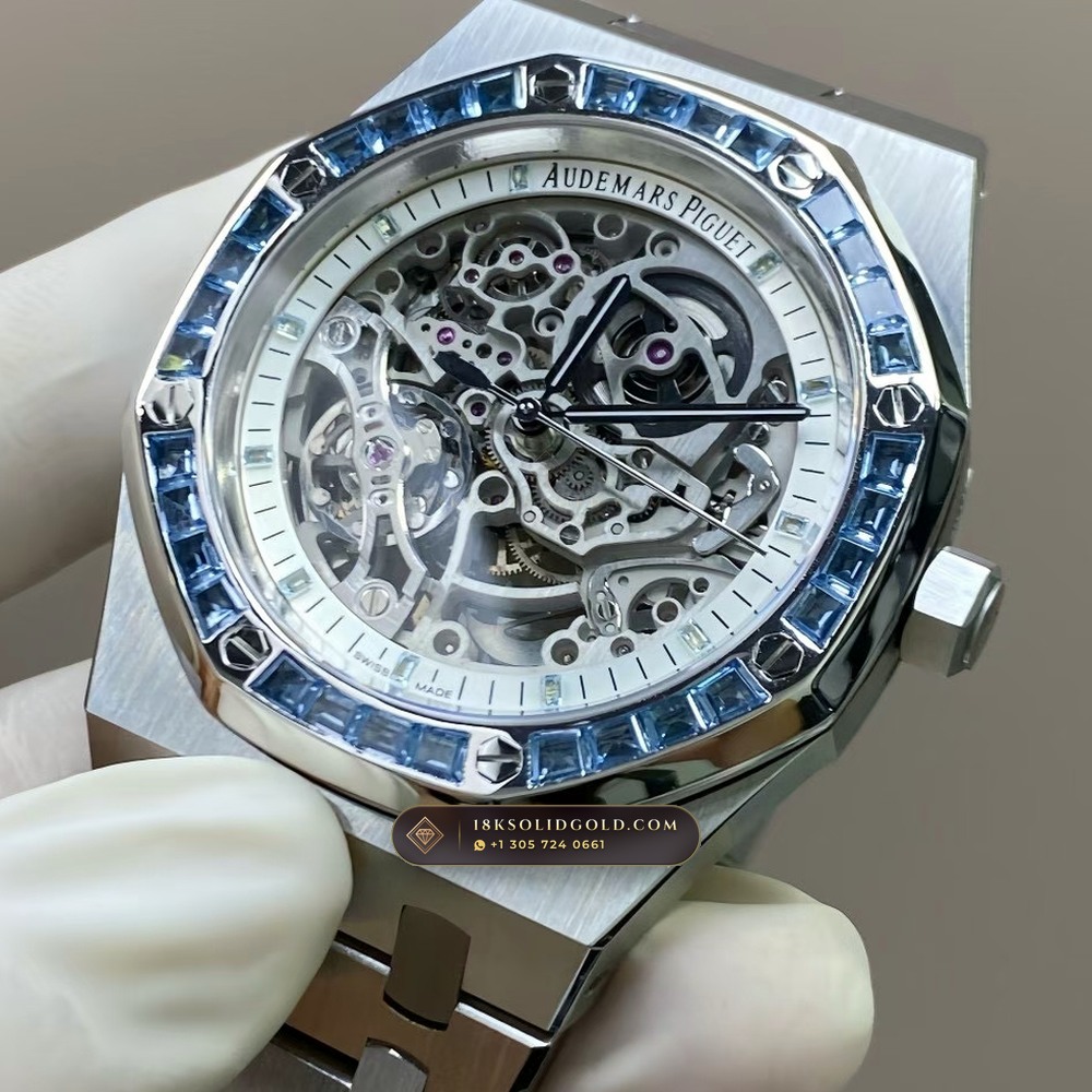 Audemars Piguet Royal Oak Double Balance Wheel Openworked 41mm Baguette Blue Topaz Bezel 18K White Gold Free-Sprung Calibre Reference 15412BC.TO.1220BC.01 — Hallmarked Edition angle 3
