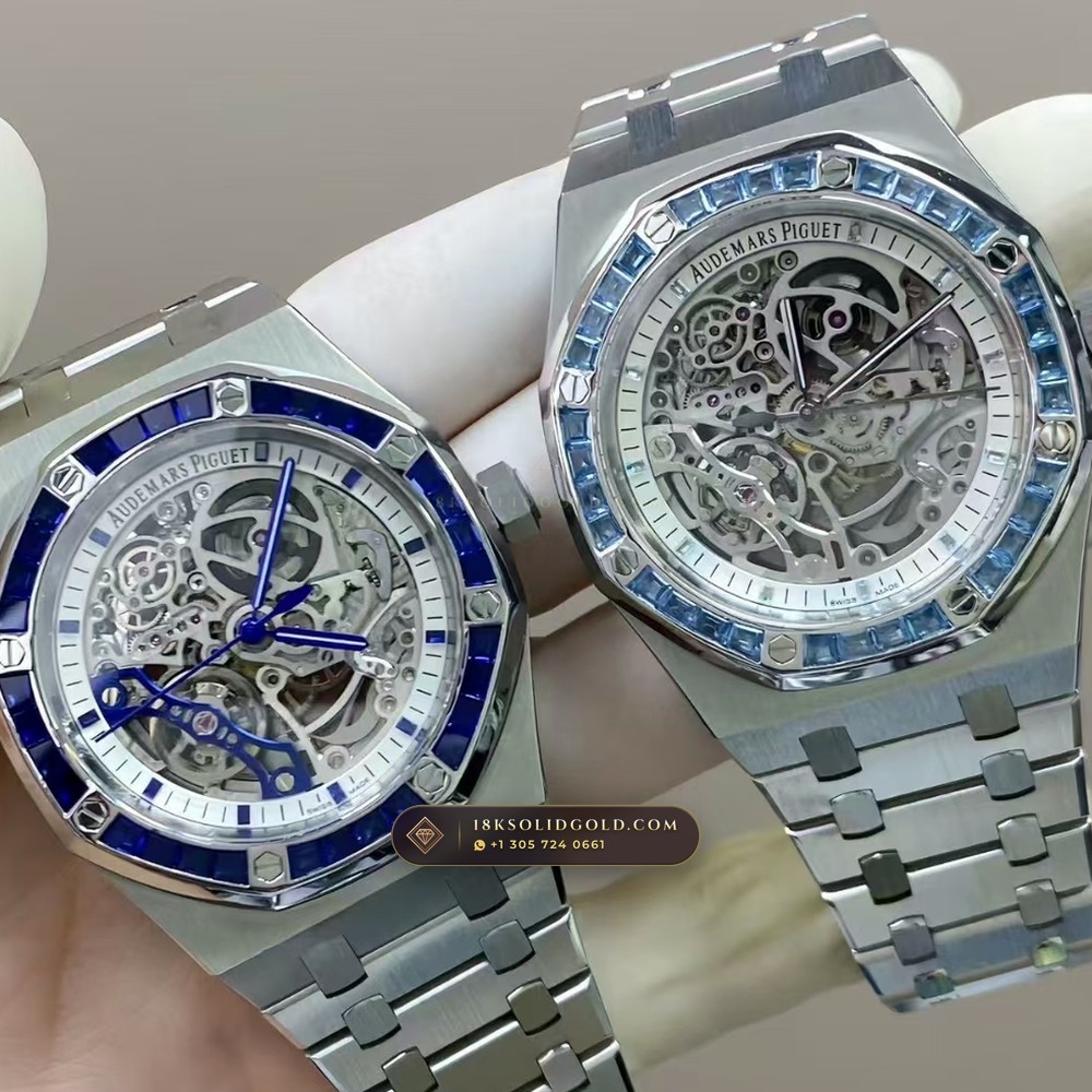 Audemars Piguet Royal Oak Double Balance Wheel Openworked 41mm Baguette Blue Topaz Bezel 18K White Gold Free-Sprung Calibre Reference 15412BC.TO.1220BC.01 — Hallmarked Edition — Studio Gallery Plate VIII in 18K White Gold Au750 (224.5g Verified Mass, Audemars Piguet Cal. 3132 Dual-Balance Openworked)