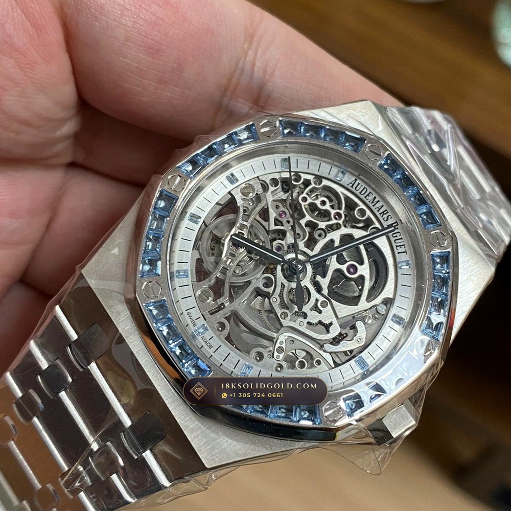 Audemars Piguet Royal Oak Double Balance Wheel Openworked 41mm Baguette Blue Topaz Bezel 18K White Gold Geneva Atelier Spec Reference 15412BC.TO.1220BC.01 — Hallmarked Edition angle 2