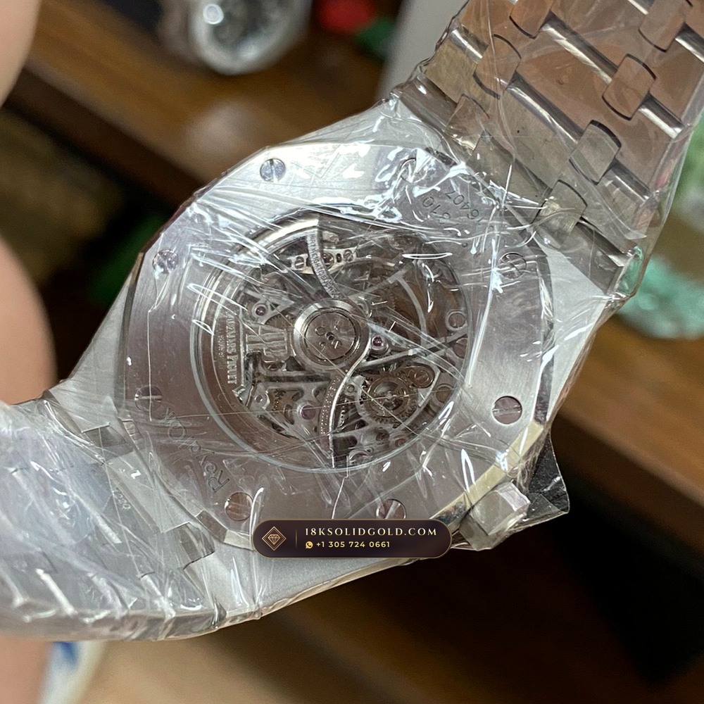 Audemars Piguet Royal Oak Double Balance Wheel Openworked 41mm Baguette Blue Topaz Bezel 18K White Gold Geneva Atelier Spec Reference 15412BC.TO.1220BC.01 — Hallmarked Edition — Studio Gallery Plate VII in 18K White Gold Au750 (224.1g Verified Mass, Audemars Piguet Cal. 3132 Dual-Balance Openworked)