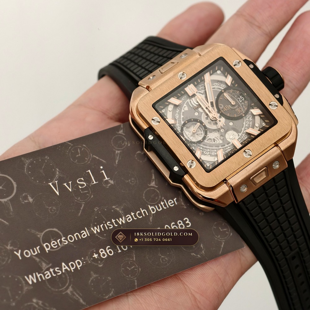 Hublot Square Bang Unico Chronograph 42mm 18K King Gold Reference 821.OX.0180.RX — Hallmarked Edition — Studio Gallery Plate VII in 18K Rose Gold Au750 (120.8g Verified Mass, Hublot Unico Flyback Chronograph Cal. HUB1280)