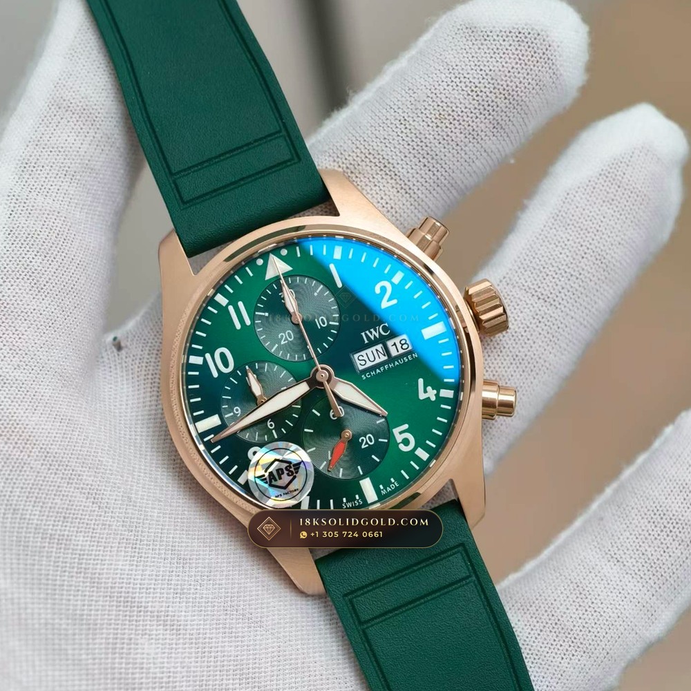IWC Schaffhausen IWC Pilot Watch Chronograph 41mm Green Dial Reference IW388110 — Salon Edition angle 2