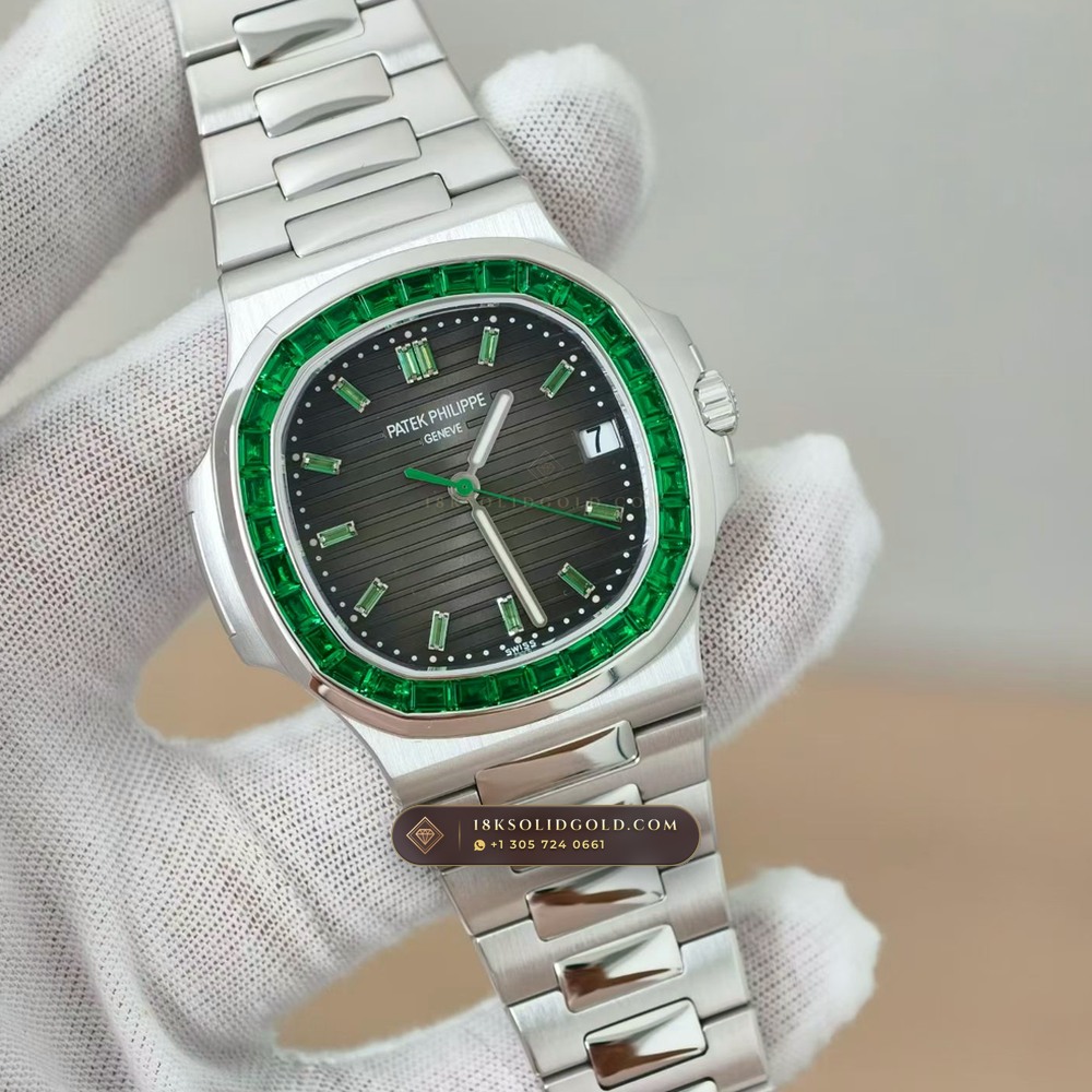 Patek Philippe Nautilus Self-Winding Baguette Emerald Bezel 950 Platinum Reference 5711/113P-001 — Hallmarked Edition angle 2