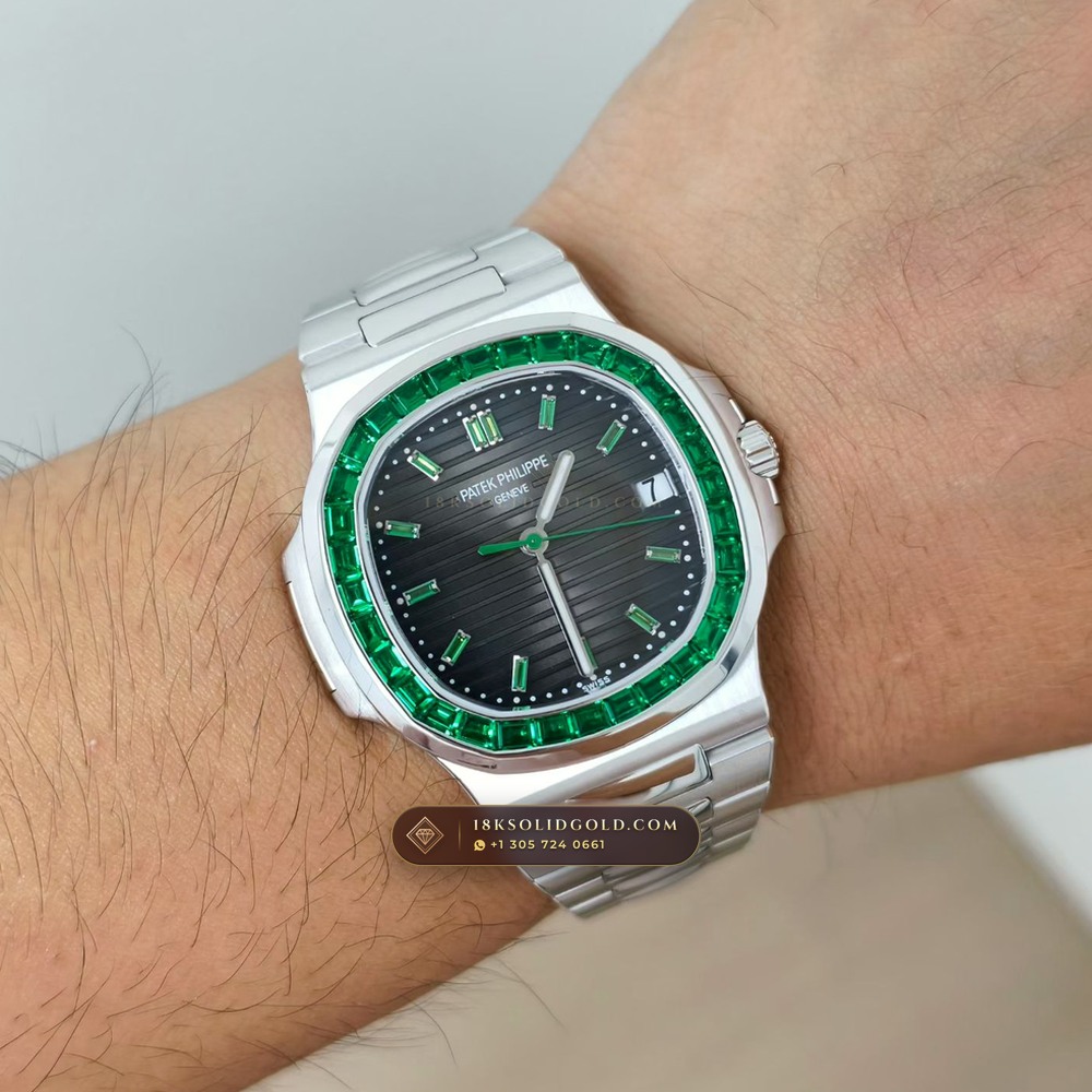 Patek Philippe Nautilus Self-Winding Baguette Emerald Bezel 950 Platinum Reference 5711/113P-001 — Hallmarked Edition — Studio Gallery Plate VIII in 950 Platinum Pt950 (245.4g Verified Mass, Patek Philippe Cal. 26-330 S C / Cal. 324 S C - 21K Gold Rotor)