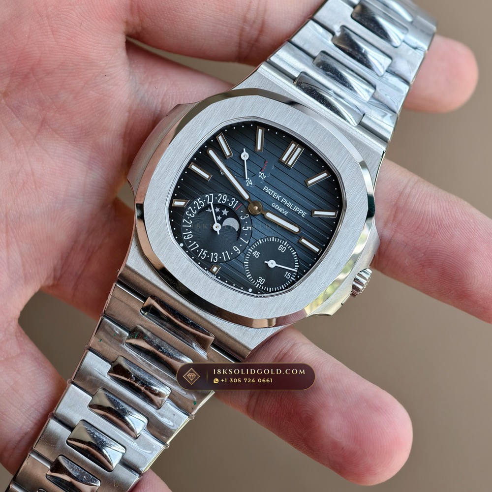 Patek Philippe Nautilus Moonphase & Power Reserve Custom SW Dial Free-Sprung Calibre Reference 5712/1A — Salon Edition angle 3