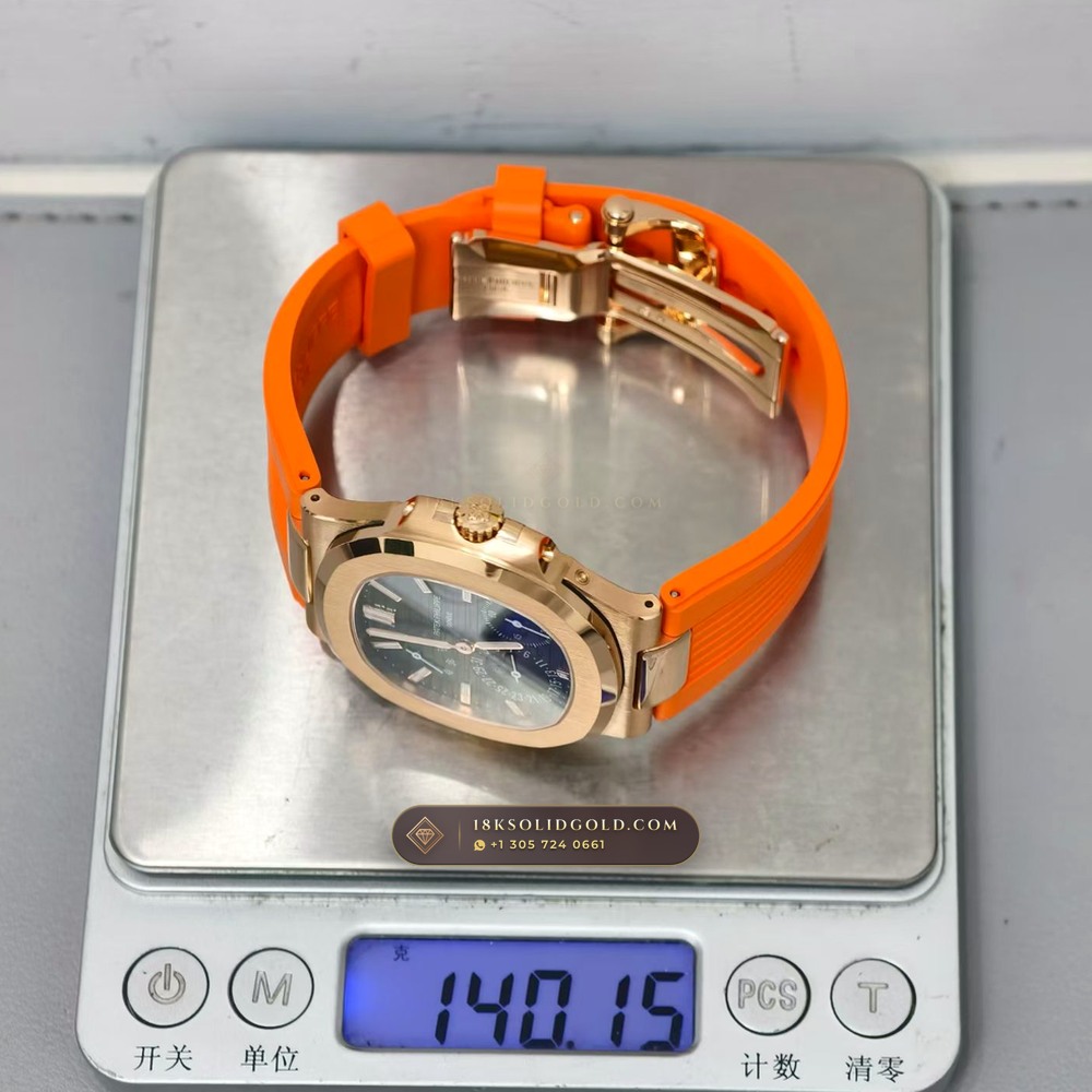 Patek Philippe Nautilus Moonphase & Power Reserve 18K Rose Gold Reference 5712R — Hallmarked Edition — Studio Gallery Plate IX in 18K Rose Gold Au750 (105.6g Verified Mass, Patek Philippe Cal. 240 PS IRM C LU - 22K Gold Micro-Rotor)