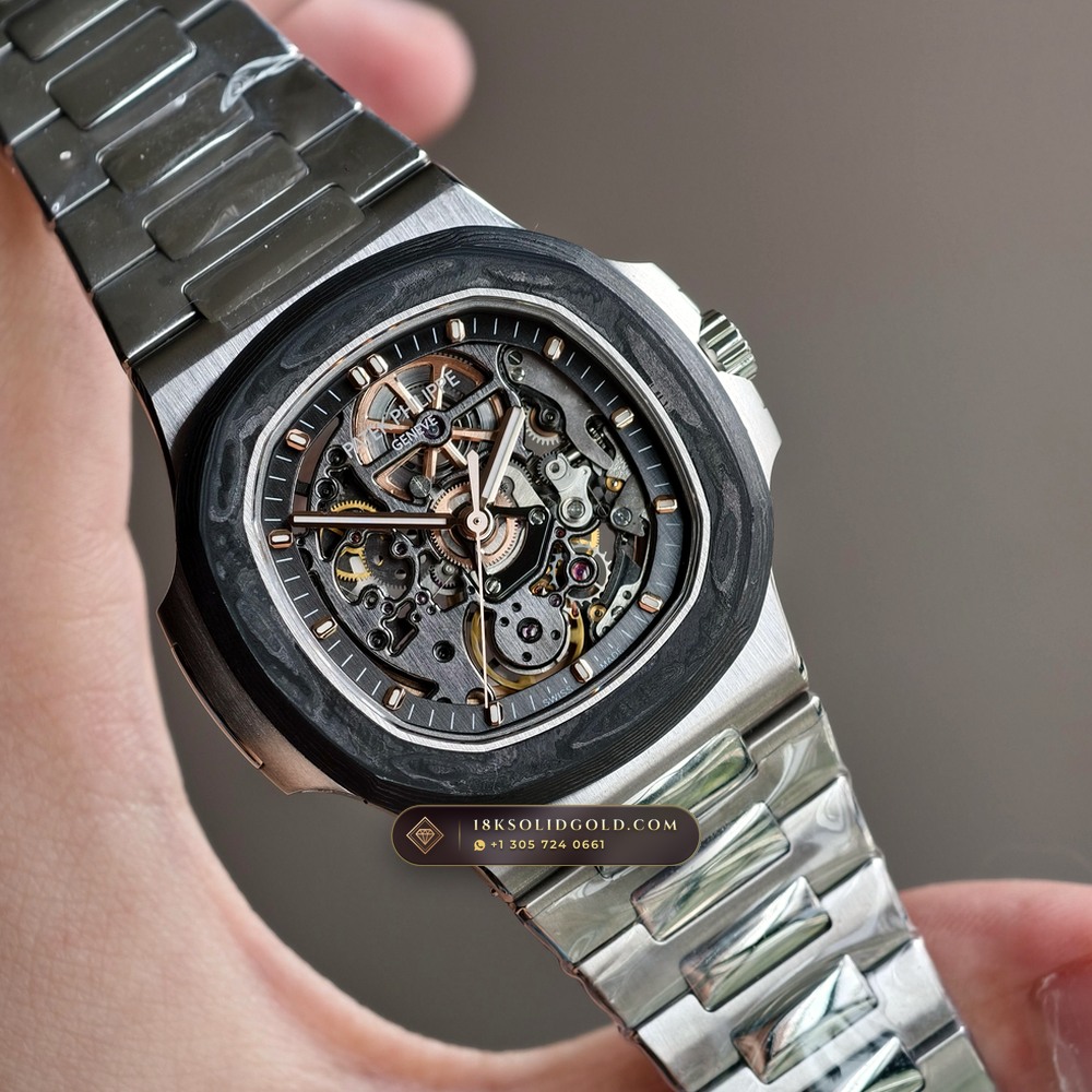 Patek Philippe Nautilus 40mm Skeleton Openworked Forged Carbon Reference 5711/1A-010 — Salon Edition angle 2
