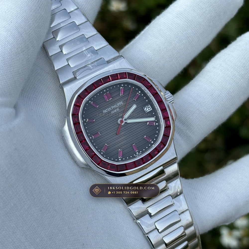 Patek Philippe Nautilus Off-Catalogue Baguette Ruby Bezel Diamond-Set Bezel 950 Platinum Reference 5711/112P-001 — Hallmarked Edition angle 3