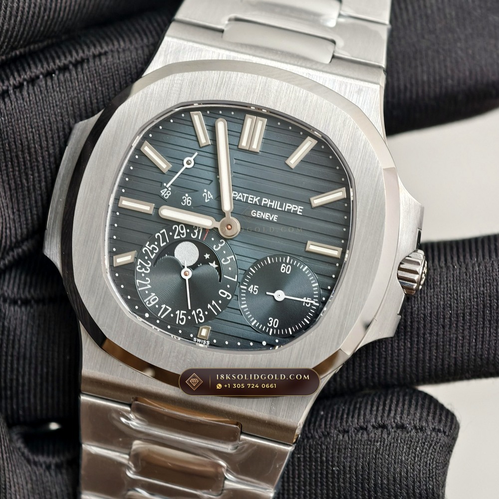 Patek Philippe Nautilus Moonphase & Power Reserve Custom SW Dial Free-Sprung Calibre Reference 5712A — Salon Edition angle 3