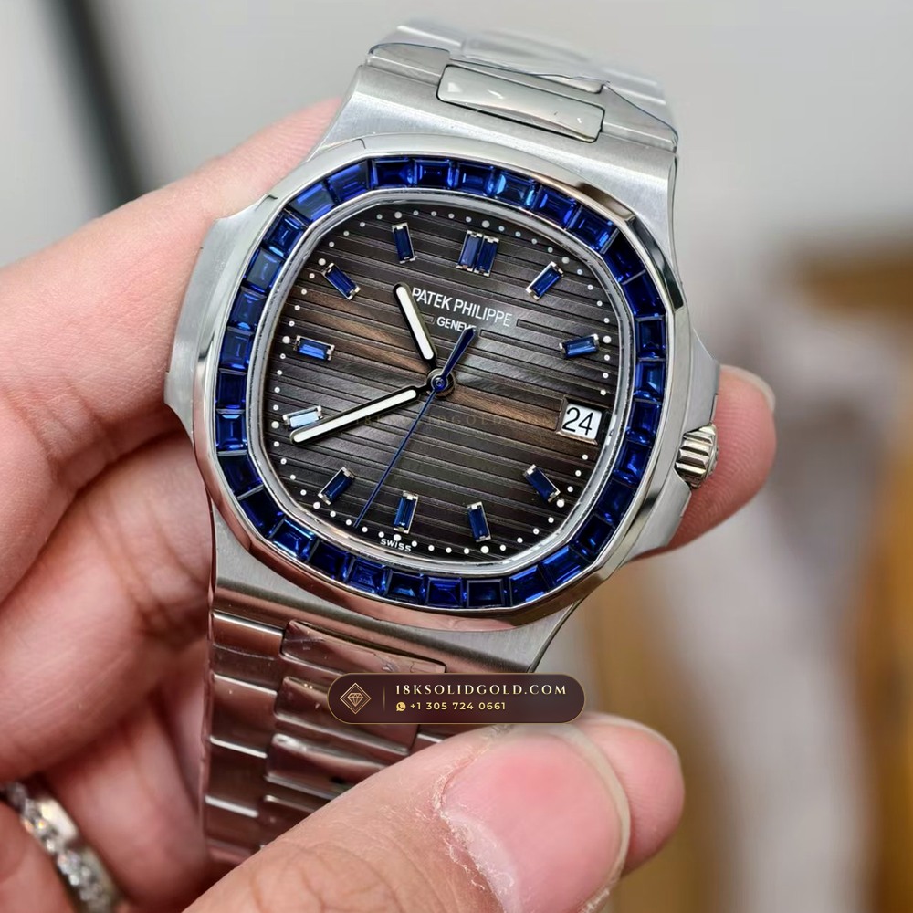 Patek Philippe Nautilus Off-Catalogue Baguette Blue Sapphire Bezel 950 Platinum Reference 5711/111P-001 — Hallmarked Edition angle 2