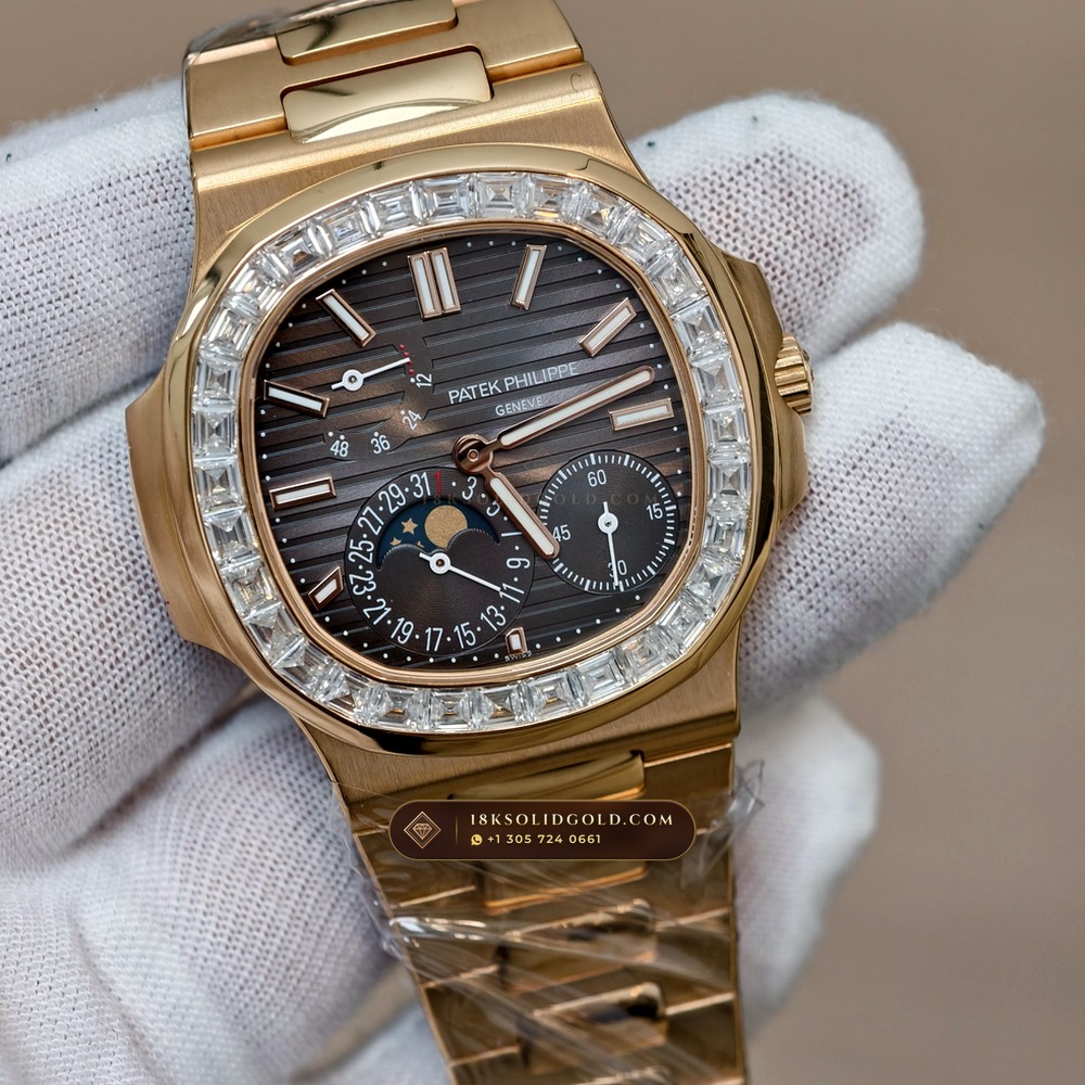 Patek Philippe Nautilus Moonphase & Power Reserve Diamond-Set Bezel 18K Rose Gold Reference 5712R — Hallmarked Edition angle 2