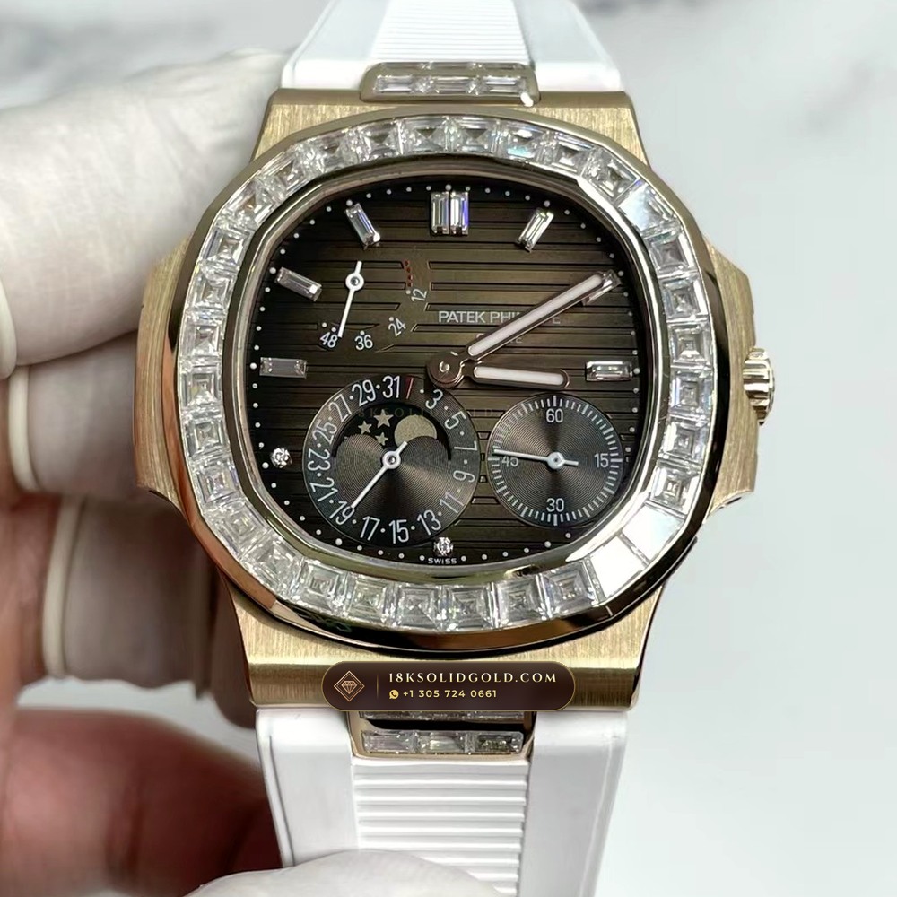 Patek Philippe Nautilus Moonphase Baguette Diamond Bezel 18K Rose Gold Reference 5724R-001 — Hallmarked Edition