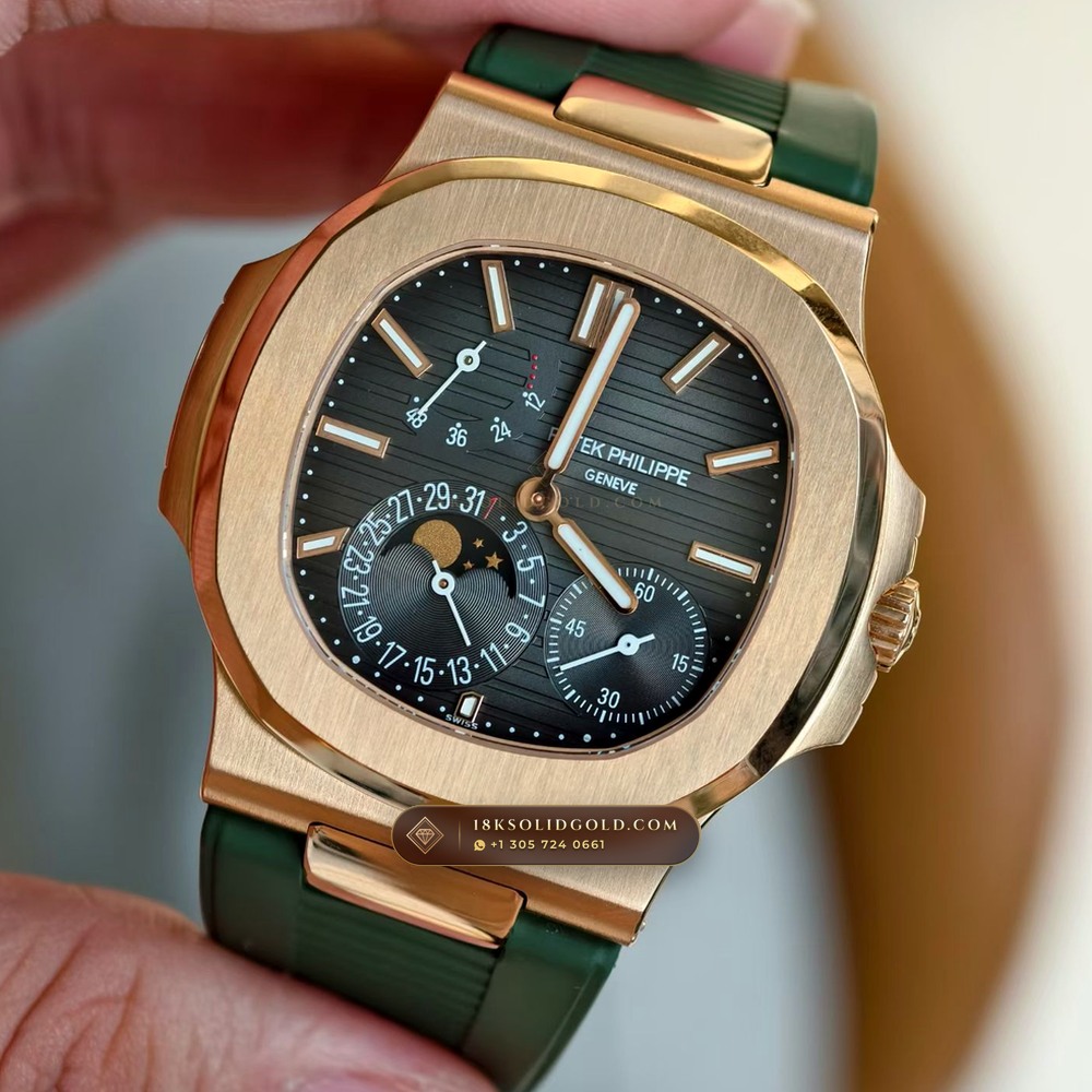 Patek Philippe Nautilus Moonphase & Power Reserve 18K Rose Gold Custom SW Dial Deep Crystal Optics Reference 5712R — Hallmarked Edition angle 3