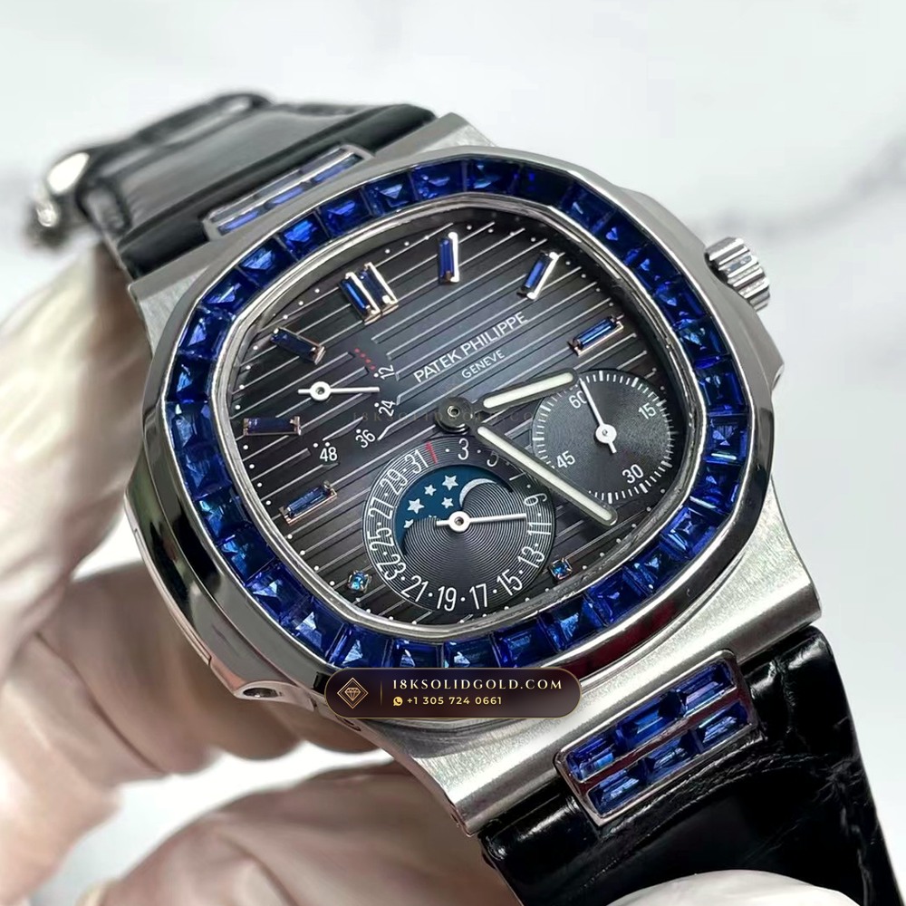 Patek Philippe Nautilus Moonphase & Power Reserve Graduated Royal Blue Sunburst Dial Reference 5712A — Salon Edition angle 2