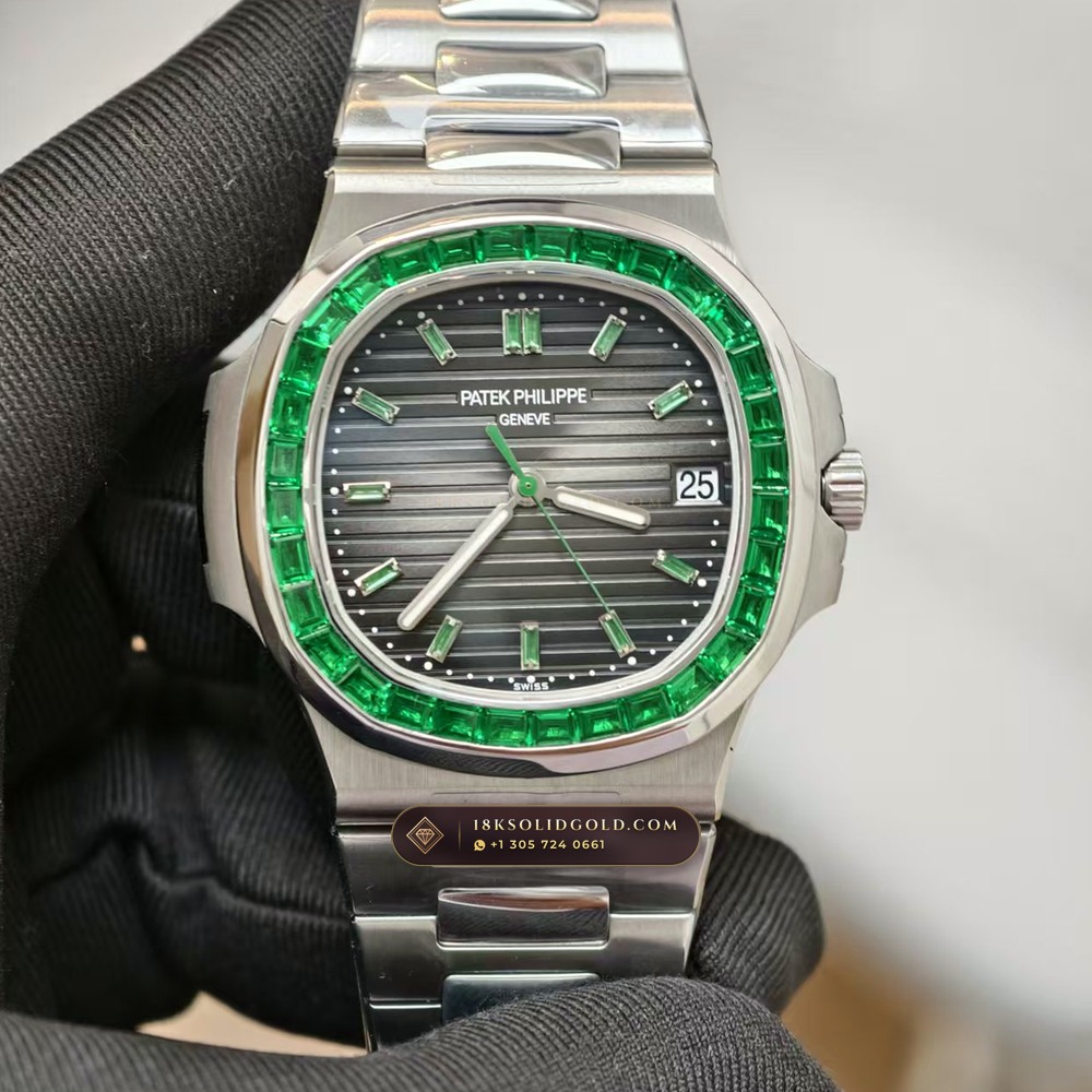 Patek Philippe Nautilus Self-Winding Baguette Emerald Bezel 950 Platinum 22K Gold Rotor Reference 5711/113P-001 — Hallmarked Edition — Studio Gallery Plate IX in 950 Platinum Pt950 (244.9g Verified Mass, Patek Philippe Cal. 26-330 S C / Cal. 324 S C - 21K Gold Rotor)