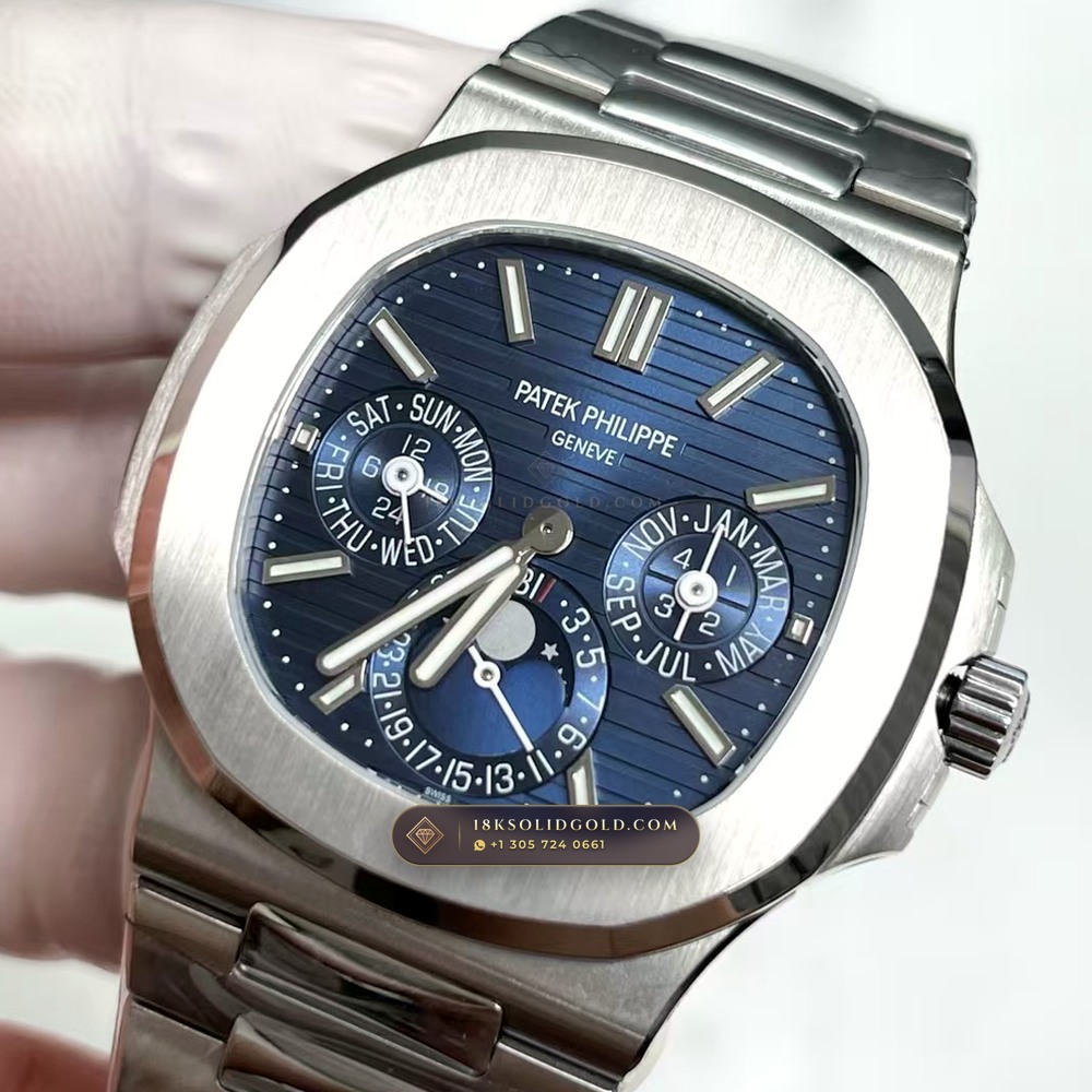 Patek Philippe Nautilus Grand Complication Perpetual Calendar Sunburst Blue Dial 18K White Gold Reference 5740/1G-001 — Hallmarked Edition angle 3