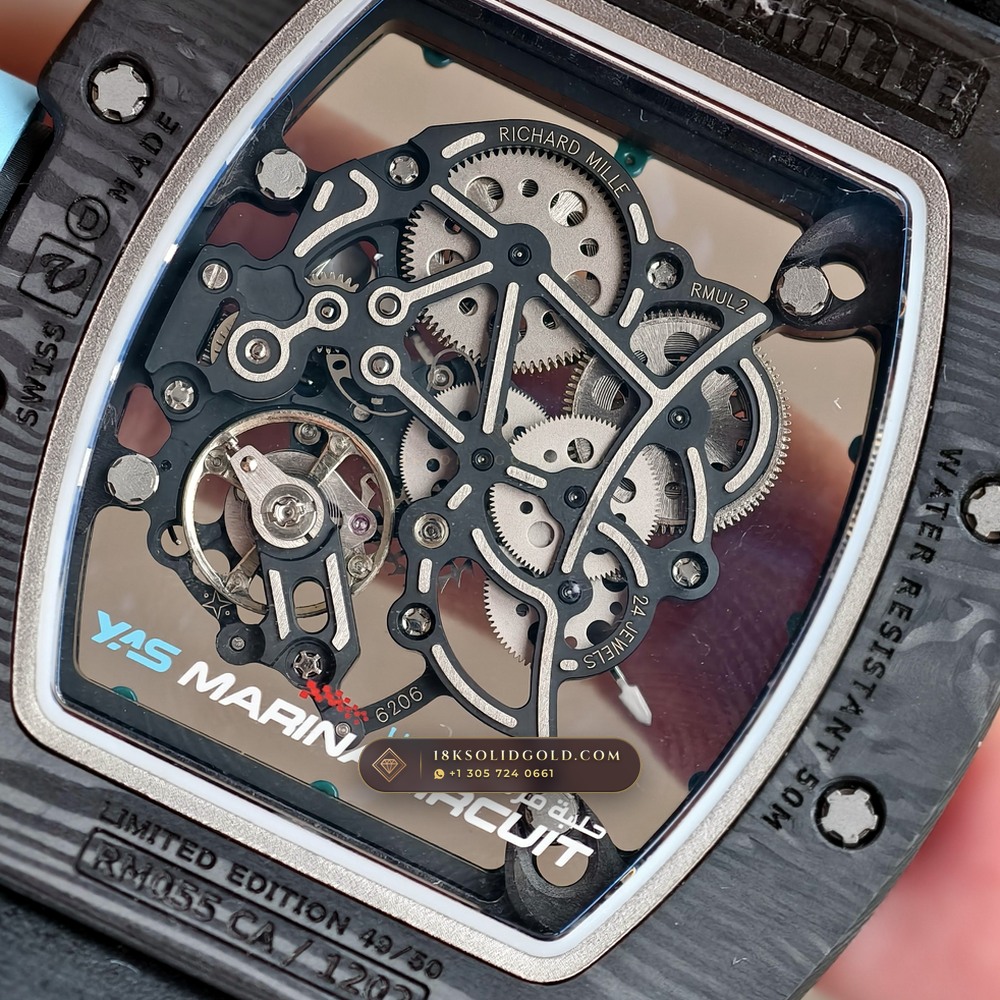 Richard Mille RM 055 Bubba Watson Yas Marina Carbon TPT & Turquoise — Salon Edition — Studio Gallery Plate VIII in Carbon TPT & Grade 5 Titanium (66.9g Verified Mass, Richard Mille Cal. RMUL2 Grade 5 Titanium Skeleton)