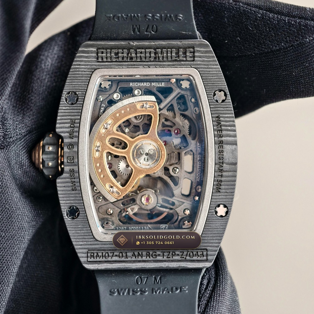 Richard Mille RM 07-01 Automatic Tonneau Dark Night Carbon TPT & Gold Leaf 5-Axis CNC Case — Salon Edition — Studio Gallery Plate VII in Carbon TPT & Grade 5 Titanium (57.9g Verified Mass, Richard Mille Cal. CRMA2 Variable-Geometry Rotor)