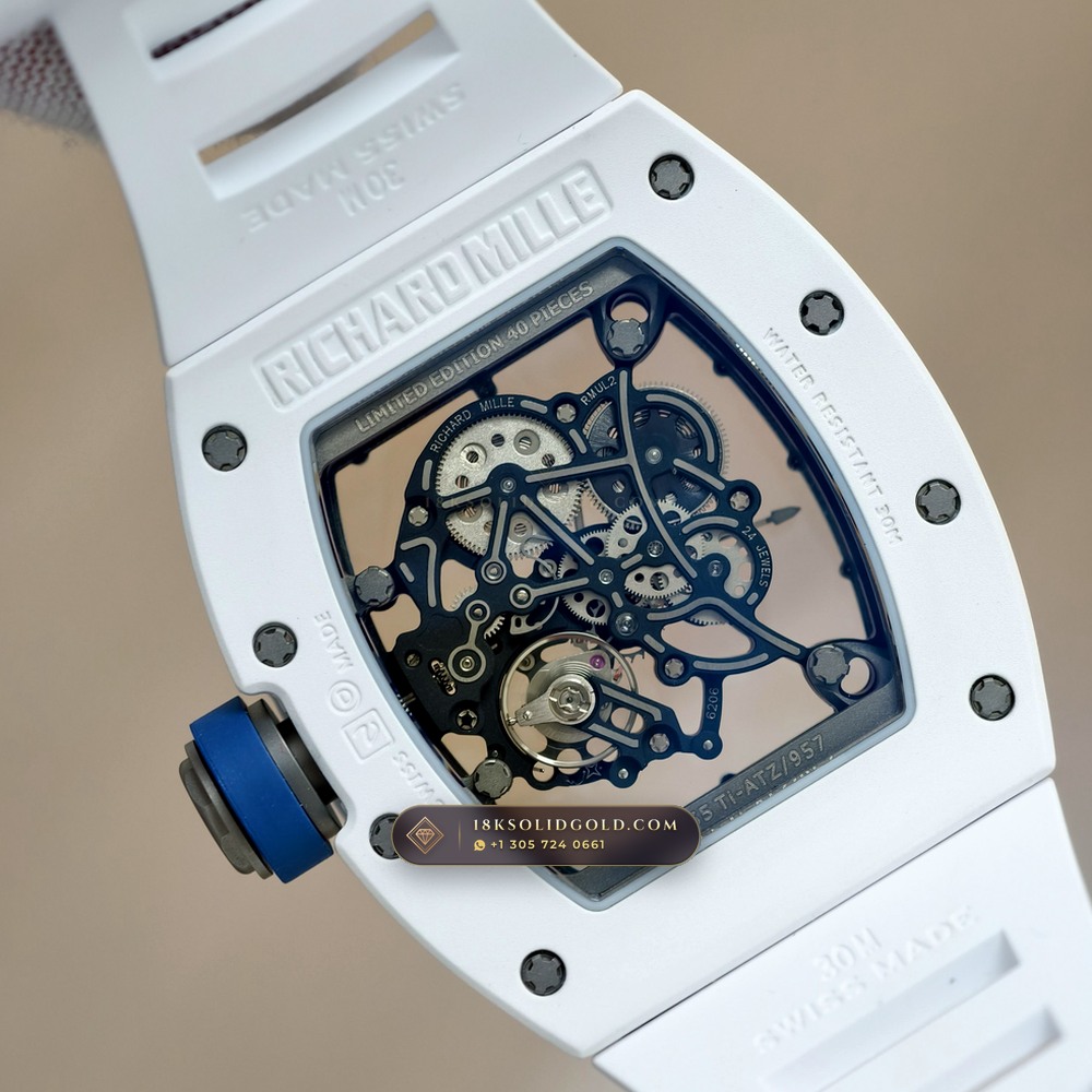 Richard Mille RM 055 Bubba Watson Manual Winding Hand-Chamfered Bevel Spec — Salon Edition — Studio Gallery Plate VII in ATZ White Ceramic & Grade 5 Titanium (66.6g Verified Mass, Richard Mille Cal. RMUL2 Grade 5 Titanium Skeleton)