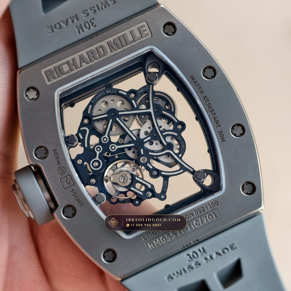 Richard Mille RM 055 Bubba Watson Manual Winding Sunburst Rhodium / Slate Grey Dial — Salon Edition — Studio Gallery Plate VII in ATZ White Ceramic & Grade 5 Titanium (66.7g Verified Mass, Richard Mille Cal. RMUL2 Grade 5 Titanium Skeleton)