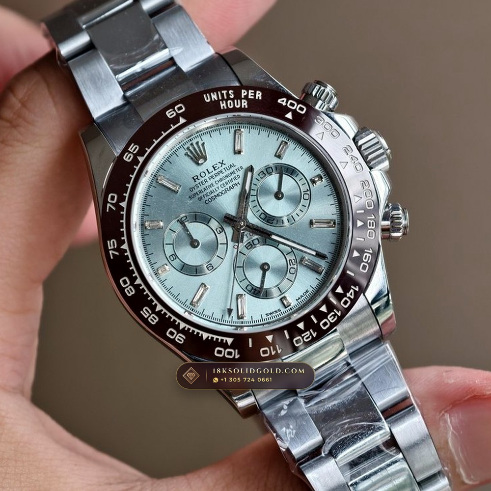 Rolex Cosmograph Daytona Platona Ice-Blue Baguette Diamond Dial 950 Platinum Reference 116506 — Hallmarked Edition angle 2