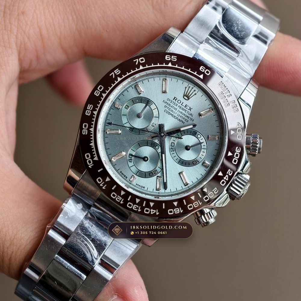 Rolex Cosmograph Daytona Platona Ice-Blue Baguette Diamond Dial 950 Platinum Reference 116506 — Hallmarked Edition angle 3