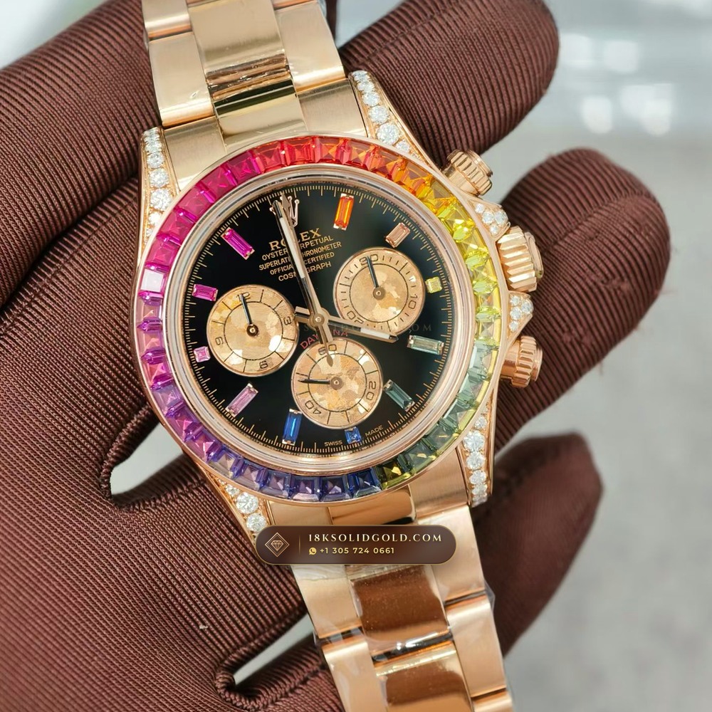 Rolex Cosmograph Daytona Rainbow Sapphire Bezel 18K Everose Gold Deep Crystal Optics Reference 116595RBOW — Hallmarked Edition angle 2