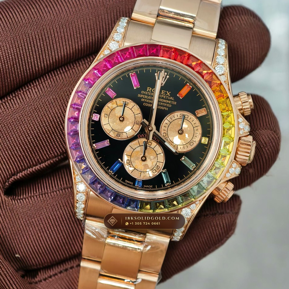 Rolex Cosmograph Daytona Rainbow Sapphire Bezel 18K Everose Gold Deep Crystal Optics Reference 116595RBOW — Hallmarked Edition angle 3