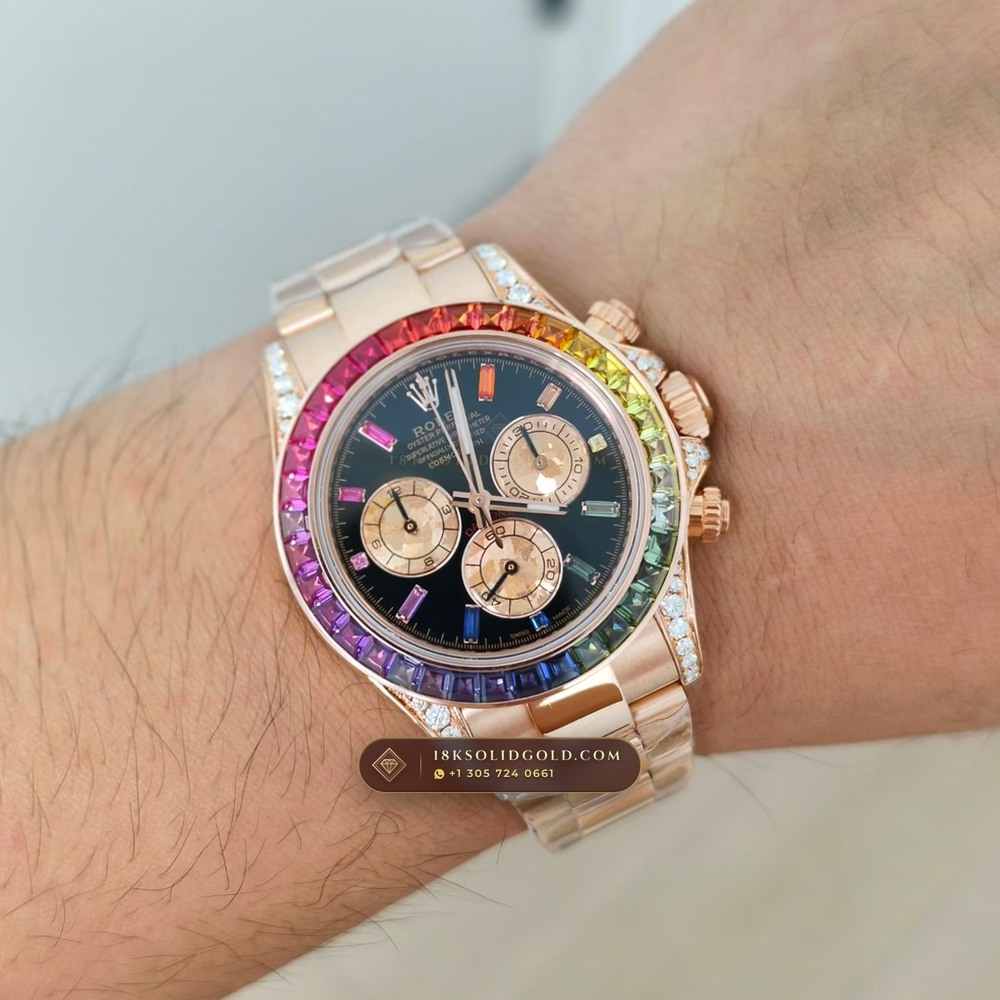 Rolex Cosmograph Daytona Rainbow Sapphire Bezel 18K Everose Gold Deep Crystal Optics Reference 116595RBOW — Hallmarked Edition — Studio Gallery Plate VIII in 18K Rose Gold Au750 (216.8g Verified Mass, Rolex Manufacture Cal. 4130 - 72h Power Reserve)