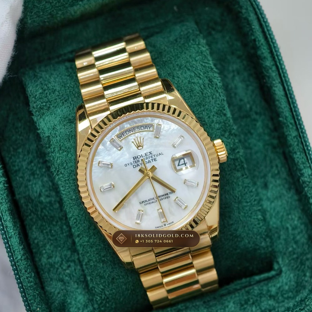 Rolex Day-Date 36 Iridescent Natural Mother-of-Pearl Dial 18K Yellow Gold Reference 128238 — Hallmarked Edition angle 2