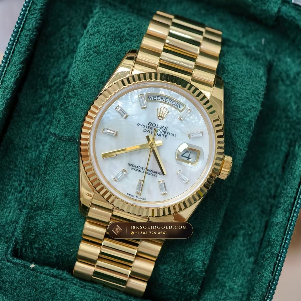 Rolex Day-Date 36 Iridescent Natural Mother-of-Pearl Dial 18K Yellow Gold Reference 128238 — Hallmarked Edition angle 3